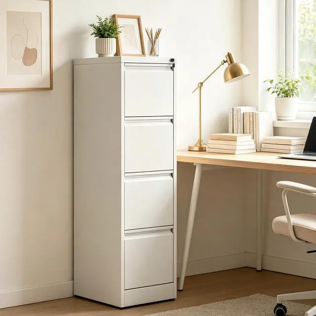 Alt view image 2 of 7 - 4 Drawer File Cabinet with Lock, Vertical Metal Filing Cabinet White | 52.3"H x 15"W x 18"D Office Storage Cabinet for Home Office, Fit Letter, Legal, A4 and F4, Assembly Required