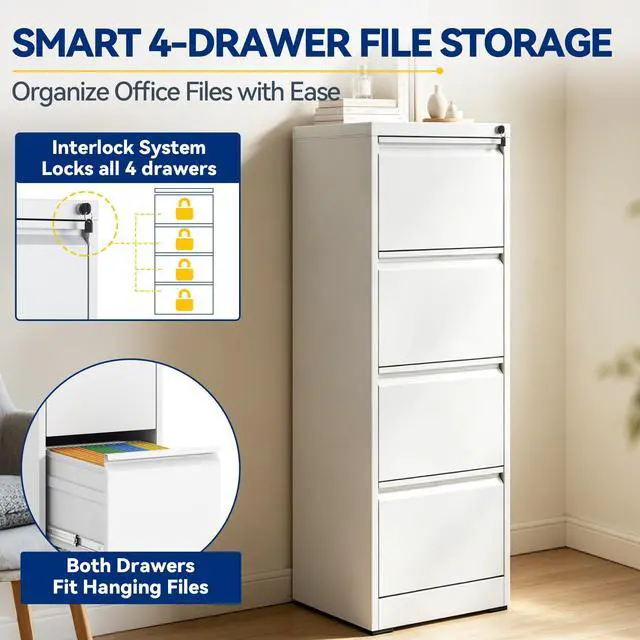 Alt view image 5 of 7 - 4 Drawer File Cabinet with Lock, Vertical Metal Filing Cabinet White | 52.3"H x 15"W x 18"D Office Storage Cabinet for Home Office, Fit Letter, Legal, A4 and F4, Assembly Required