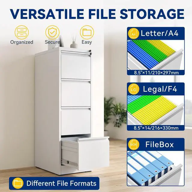 Alt view image 4 of 7 - 4 Drawer File Cabinet with Lock, Vertical Metal Filing Cabinet White | 52.3"H x 15"W x 18"D Office Storage Cabinet for Home Office, Fit Letter, Legal, A4 and F4, Assembly Required