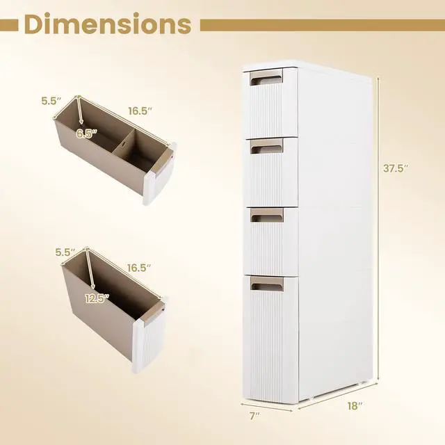 Alt view image 3 of 7 - 4-Tier Narrow Storage Cabinet, Slim Rolling Cart with 4 Drawers & 3 Removable Dividers, Plastic Storage Organizer with Wheels for Small Spaces Bathroom Kitchen