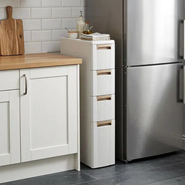 Alt view image 5 of 7 - 4-Tier Narrow Storage Cabinet, Slim Rolling Cart with 4 Drawers & 3 Removable Dividers, Plastic Storage Organizer with Wheels for Small Spaces Bathroom Kitchen