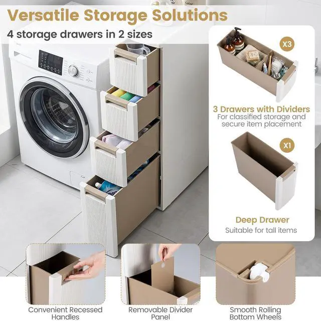 Alt view image 6 of 7 - 4-Tier Narrow Storage Cabinet, Slim Rolling Cart with 4 Drawers & 3 Removable Dividers, Plastic Storage Organizer with Wheels for Small Spaces Bathroom Kitchen