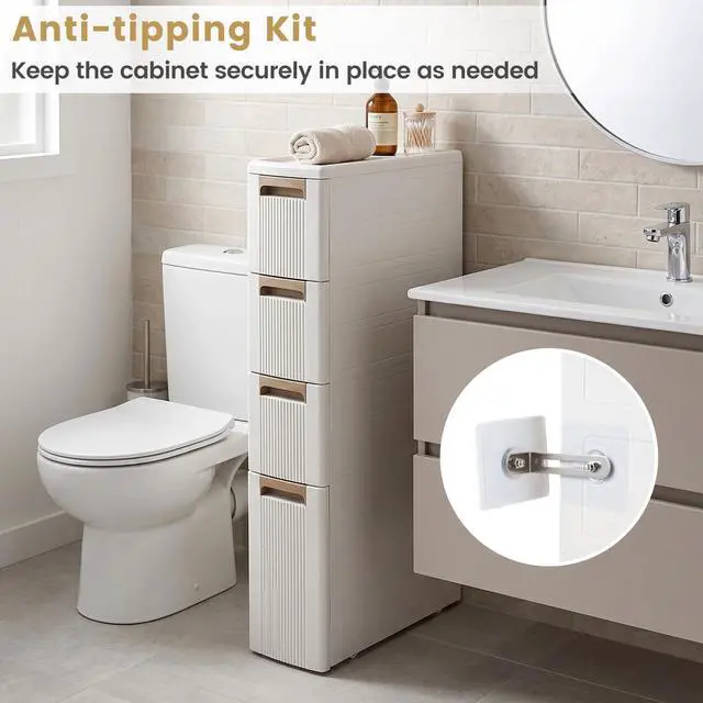 Alt view image 7 of 7 - 4-Tier Narrow Storage Cabinet, Slim Rolling Cart with 4 Drawers & 3 Removable Dividers, Plastic Storage Organizer with Wheels for Small Spaces Bathroom Kitchen