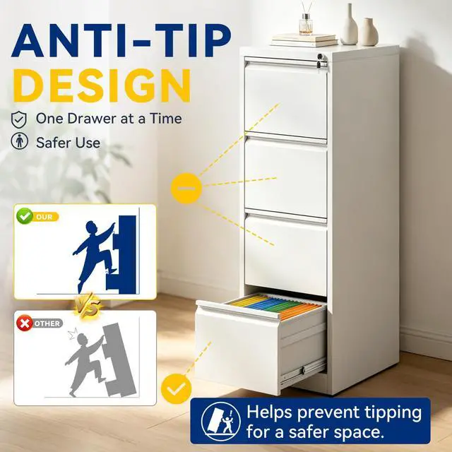 Alt view image 6 of 7 - 4 Drawer File Cabinet with Lock, Vertical Metal Filing Cabinet White | 52.3"H x 15"W x 18"D Office Storage Cabinet for Home Office, Fit Letter, Legal, A4 and F4, Assembly Required