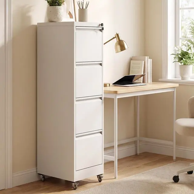 Alt view image 2 of 7 - 4 Drawer File Cabinet with Lock, Vertical Metal Filing Cabinet White | 54.3"H x 15"W x 18"D Rolling Office Storage Cabinet with Wheels, Fit Letter, Legal, A4 and F4, Assembly Required