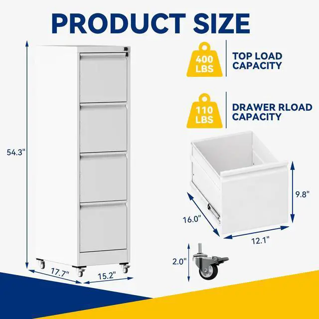 Alt view image 3 of 7 - 4 Drawer File Cabinet with Lock, Vertical Metal Filing Cabinet White | 54.3"H x 15"W x 18"D Rolling Office Storage Cabinet with Wheels, Fit Letter, Legal, A4 and F4, Assembly Required