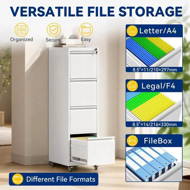 Alt view image 4 of 7 - 4 Drawer File Cabinet with Lock, Vertical Metal Filing Cabinet White | 54.3"H x 15"W x 18"D Rolling Office Storage Cabinet with Wheels, Fit Letter, Legal, A4 and F4, Assembly Required
