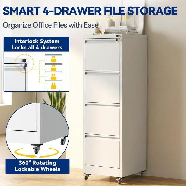 Alt view image 5 of 7 - 4 Drawer File Cabinet with Lock, Vertical Metal Filing Cabinet White | 54.3"H x 15"W x 18"D Rolling Office Storage Cabinet with Wheels, Fit Letter, Legal, A4 and F4, Assembly Required