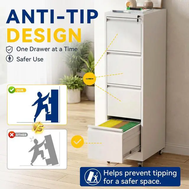 Alt view image 6 of 7 - 4 Drawer File Cabinet with Lock, Vertical Metal Filing Cabinet White | 54.3"H x 15"W x 18"D Rolling Office Storage Cabinet with Wheels, Fit Letter, Legal, A4 and F4, Assembly Required