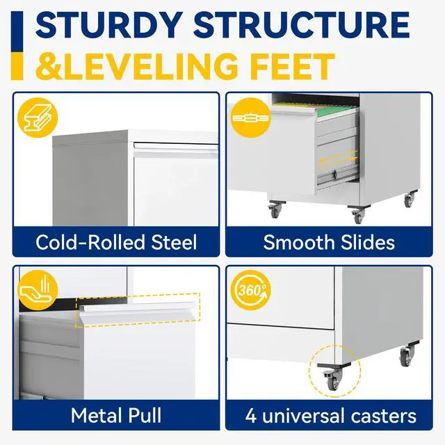 Alt view image 7 of 7 - 4 Drawer File Cabinet with Lock, Vertical Metal Filing Cabinet White | 54.3"H x 15"W x 18"D Rolling Office Storage Cabinet with Wheels, Fit Letter, Legal, A4 and F4, Assembly Required