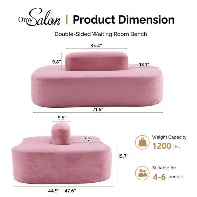 Alt view image 3 of 7 - 71.6'' Double-Sided Plush Waiting Room Bench, Fully Assembled, Seating for 4-6 People, Lobby Furniture for Beauty Salon, SPA & Office Lobby, Pink