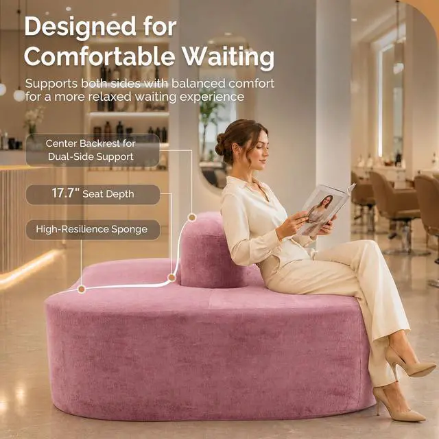 Alt view image 5 of 7 - 71.6'' Double-Sided Plush Waiting Room Bench, Fully Assembled, Seating for 4-6 People, Lobby Furniture for Beauty Salon, SPA & Office Lobby, Pink
