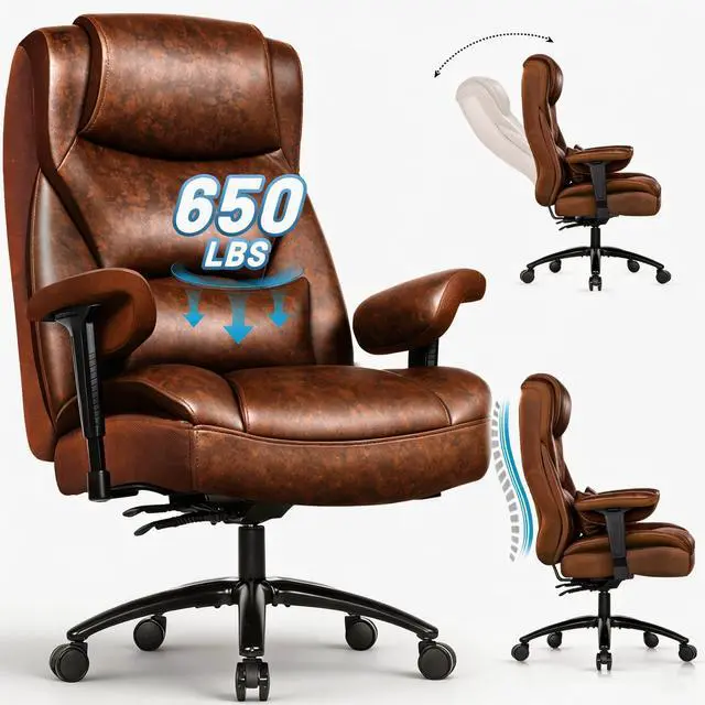 Main image of Big and Tall Leather Executive Office Chair, 650 lb Heavy Duty | Thick Padded Wide Seat and Backrest, 5-Position Armrests, 90-145 Degree Recline Lock, Smooth-Glide Wheels. for Home Office