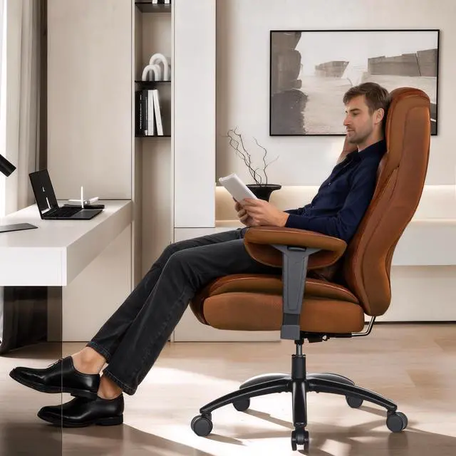 Alt view image 2 of 7 - Big and Tall Leather Executive Office Chair, 650 lb Heavy Duty | Thick Padded Wide Seat and Backrest, 5-Position Armrests, 90-145 Degree Recline Lock, Smooth-Glide Wheels. for Home Office
