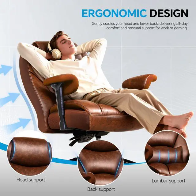 Alt view image 4 of 7 - Big and Tall Leather Executive Office Chair, 650 lb Heavy Duty | Thick Padded Wide Seat and Backrest, 5-Position Armrests, 90-145 Degree Recline Lock, Smooth-Glide Wheels. for Home Office