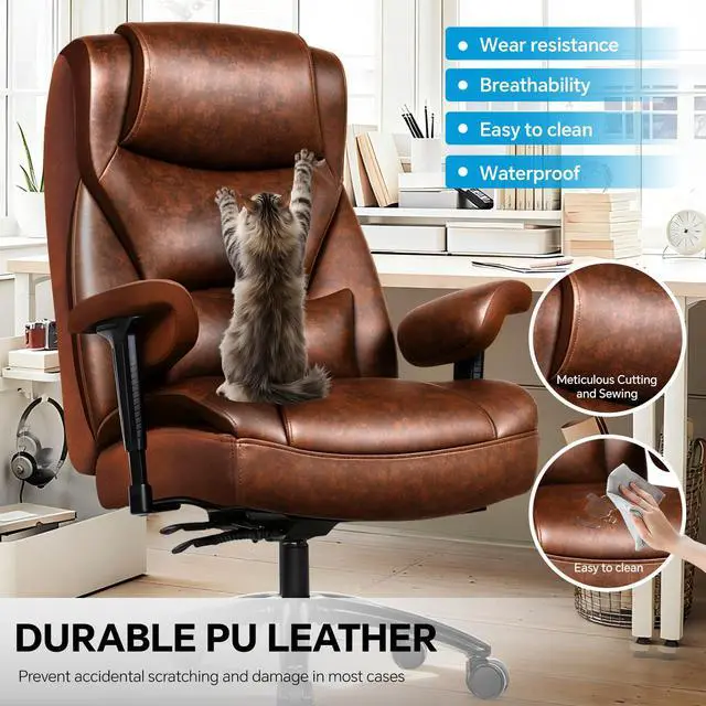 Alt view image 5 of 7 - Big and Tall Leather Executive Office Chair, 650 lb Heavy Duty | Thick Padded Wide Seat and Backrest, 5-Position Armrests, 90-145 Degree Recline Lock, Smooth-Glide Wheels. for Home Office