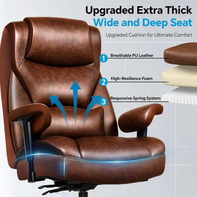Alt view image 7 of 7 - Big and Tall Leather Executive Office Chair, 650 lb Heavy Duty | Thick Padded Wide Seat and Backrest, 5-Position Armrests, 90-145 Degree Recline Lock, Smooth-Glide Wheels. for Home Office
