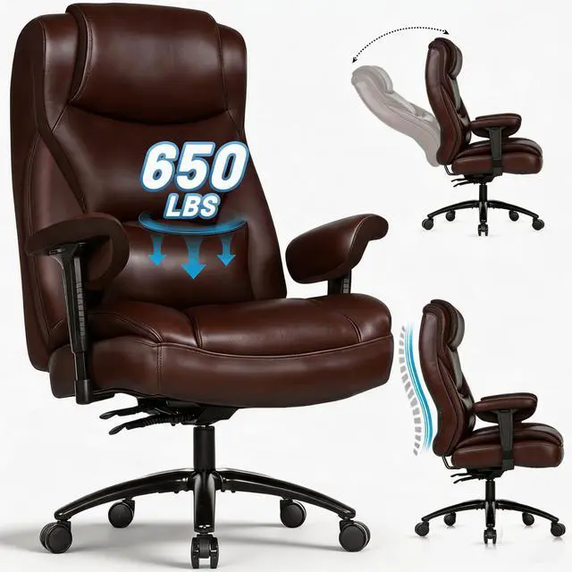 Main image of Big and Tall Leather Executive Office Chair, 650 lb Heavy Duty | Thick Padded Wide Seat and Backrest, 5-Position Armrests, 90-145 Degree Recline Lock, Smooth-Glide Wheels. for Home Office