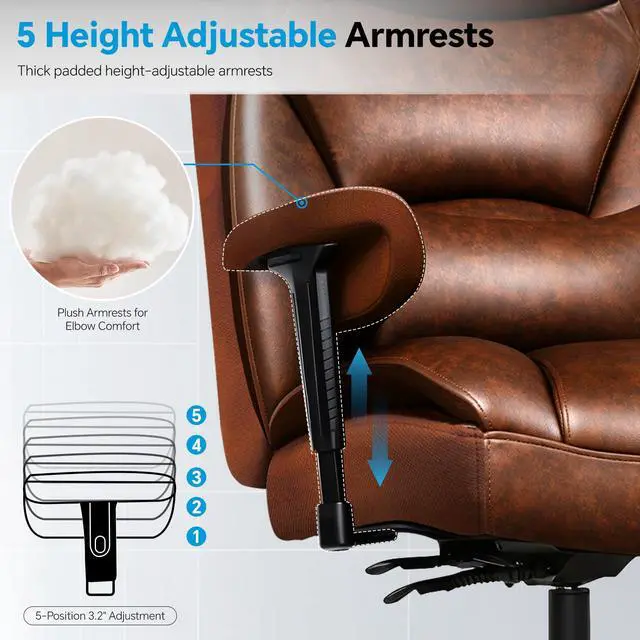 Alt view image 6 of 7 - Big and Tall Leather Executive Office Chair, 650 lb Heavy Duty | Thick Padded Wide Seat and Backrest, 5-Position Armrests, 90-145 Degree Recline Lock, Smooth-Glide Wheels. for Home Office
