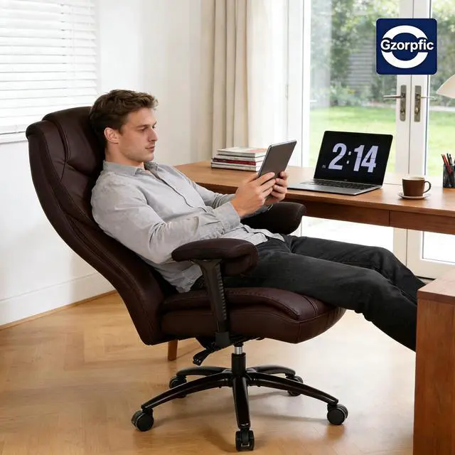 Alt view image 2 of 7 - Big and Tall Leather Executive Office Chair, 650 lb Heavy Duty | Thick Padded Wide Seat and Backrest, 5-Position Armrests, 90-145 Degree Recline Lock, Smooth-Glide Wheels. for Home Office