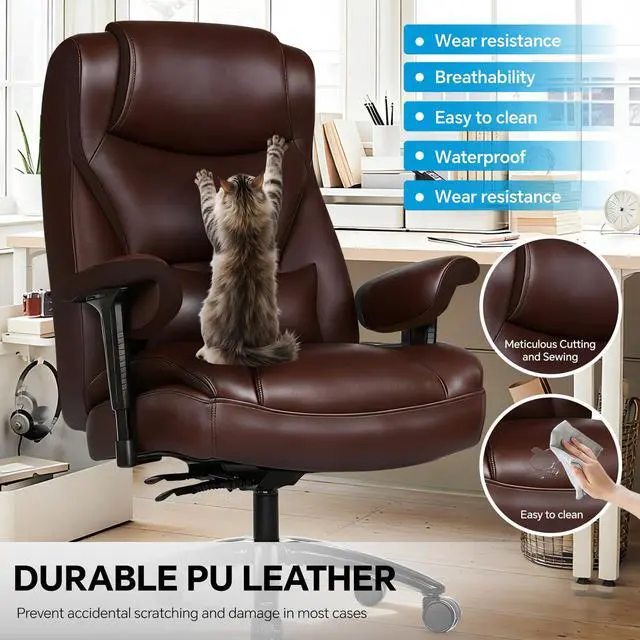 Alt view image 4 of 7 - Big and Tall Leather Executive Office Chair, 650 lb Heavy Duty | Thick Padded Wide Seat and Backrest, 5-Position Armrests, 90-145 Degree Recline Lock, Smooth-Glide Wheels. for Home Office