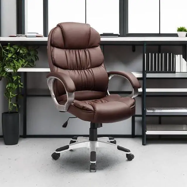 Alt view image 2 of 7 - Leather High Back Office Chair Ergonomic Executive Office Chair Swivel Computer Desk Chair Lumbar Support Soft Cushioned Padded Arms (Brown)