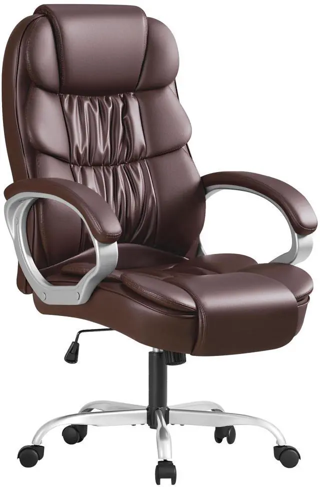 Main image of Leather High Back Office Chair Ergonomic Executive Office Chair Swivel Computer Desk Chair Lumbar Support Soft Cushioned Padded Arms (Brown)