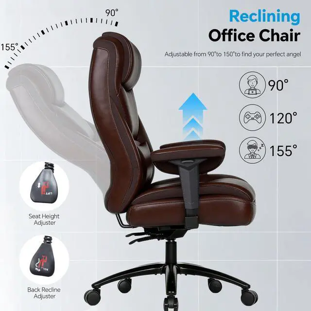 Alt view image 6 of 7 - Big and Tall Leather Executive Office Chair, 650 lb Heavy Duty | Thick Padded Wide Seat and Backrest, 5-Position Armrests, 90-145 Degree Recline Lock, Smooth-Glide Wheels. for Home Office
