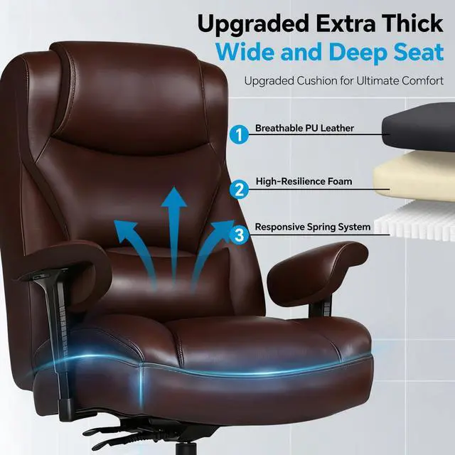 Alt view image 5 of 7 - Big and Tall Leather Executive Office Chair, 650 lb Heavy Duty | Thick Padded Wide Seat and Backrest, 5-Position Armrests, 90-145 Degree Recline Lock, Smooth-Glide Wheels. for Home Office