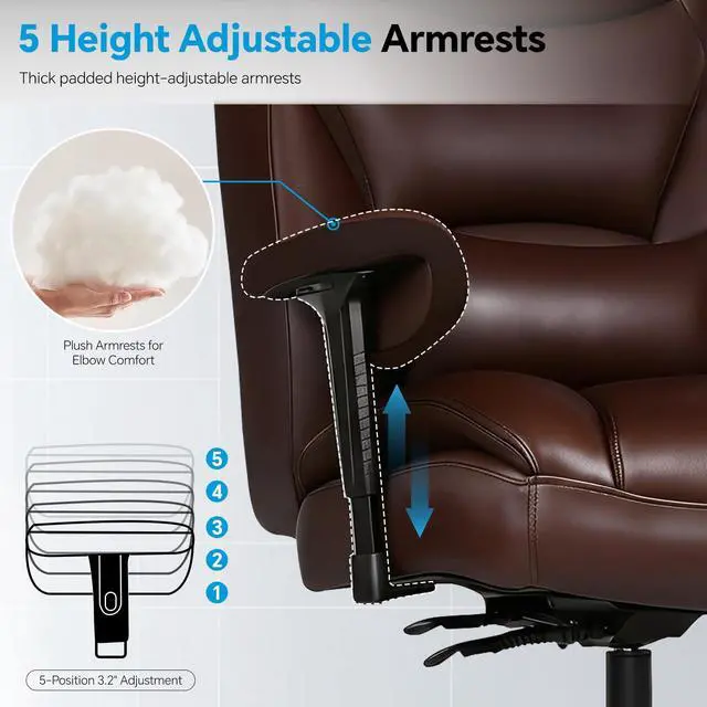 Alt view image 7 of 7 - Big and Tall Leather Executive Office Chair, 650 lb Heavy Duty | Thick Padded Wide Seat and Backrest, 5-Position Armrests, 90-145 Degree Recline Lock, Smooth-Glide Wheels. for Home Office