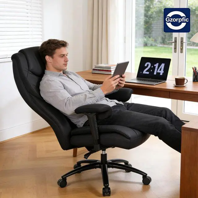Alt view image 2 of 7 - Big and Tall Leather Executive Office Chair, 650 lb Heavy Duty | Thick Padded Wide Seat and Backrest, 5-Position Armrests, 90-145 Degree Recline Lock, Smooth-Glide Wheels. for Home Office