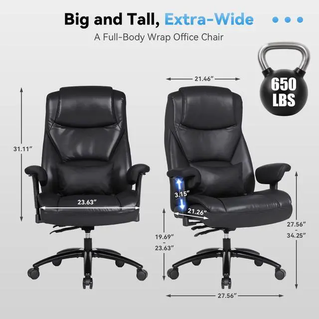 Alt view image 3 of 7 - Big and Tall Leather Executive Office Chair, 650 lb Heavy Duty | Thick Padded Wide Seat and Backrest, 5-Position Armrests, 90-145 Degree Recline Lock, Smooth-Glide Wheels. for Home Office