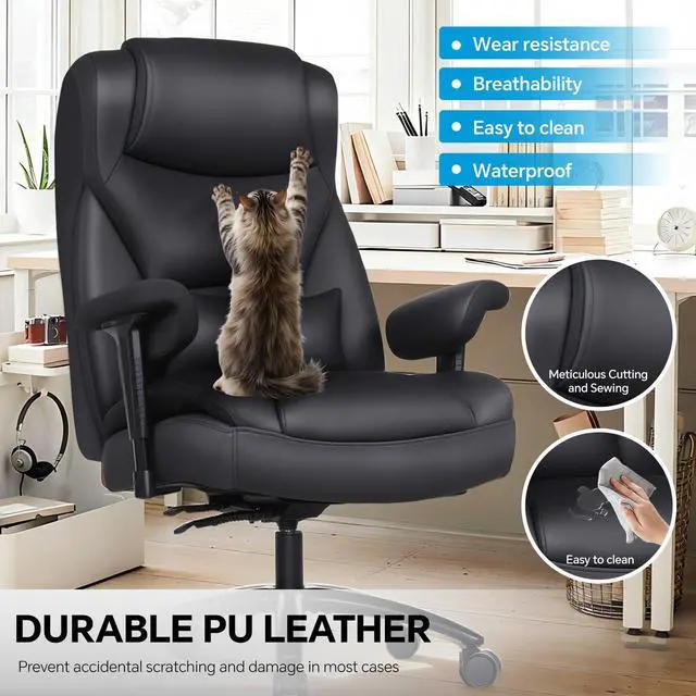 Alt view image 4 of 7 - Big and Tall Leather Executive Office Chair, 650 lb Heavy Duty | Thick Padded Wide Seat and Backrest, 5-Position Armrests, 90-145 Degree Recline Lock, Smooth-Glide Wheels. for Home Office