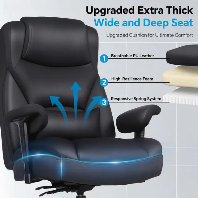Alt view image 5 of 7 - Big and Tall Leather Executive Office Chair, 650 lb Heavy Duty | Thick Padded Wide Seat and Backrest, 5-Position Armrests, 90-145 Degree Recline Lock, Smooth-Glide Wheels. for Home Office