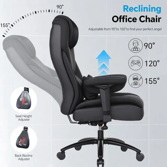 Alt view image 6 of 7 - Big and Tall Leather Executive Office Chair, 650 lb Heavy Duty | Thick Padded Wide Seat and Backrest, 5-Position Armrests, 90-145 Degree Recline Lock, Smooth-Glide Wheels. for Home Office