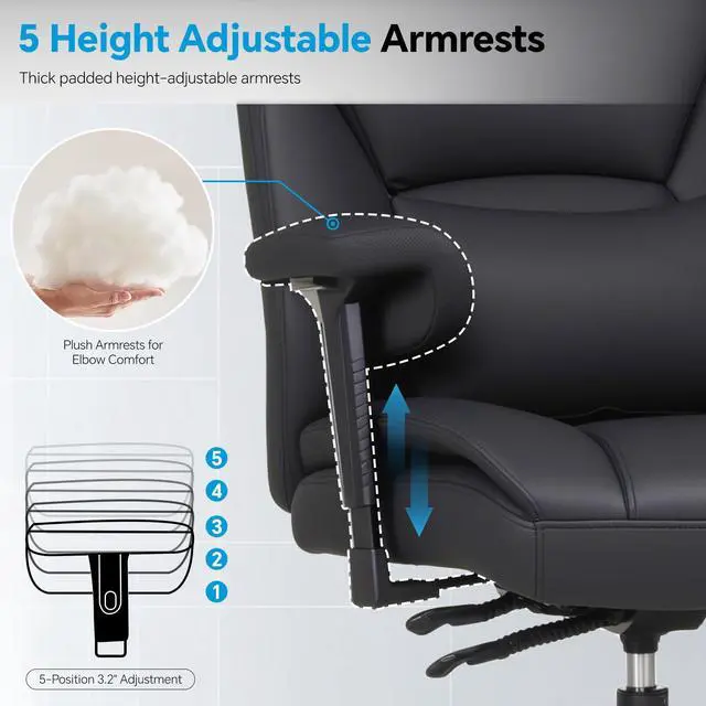 Alt view image 7 of 7 - Big and Tall Leather Executive Office Chair, 650 lb Heavy Duty | Thick Padded Wide Seat and Backrest, 5-Position Armrests, 90-145 Degree Recline Lock, Smooth-Glide Wheels. for Home Office