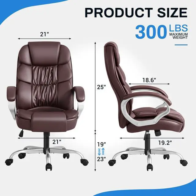 Alt view image 3 of 7 - Leather High Back Office Chair Ergonomic Executive Office Chair Swivel Computer Desk Chair Lumbar Support Soft Cushioned Padded Arms (Brown)