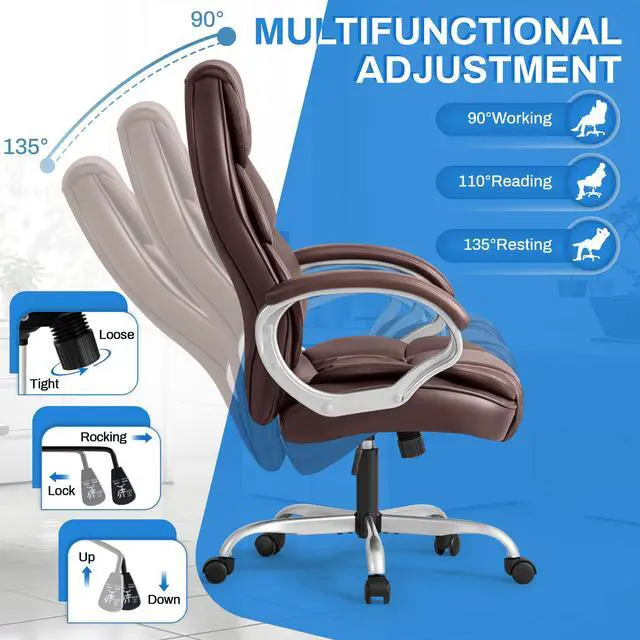 Alt view image 4 of 7 - Leather High Back Office Chair Ergonomic Executive Office Chair Swivel Computer Desk Chair Lumbar Support Soft Cushioned Padded Arms (Brown)
