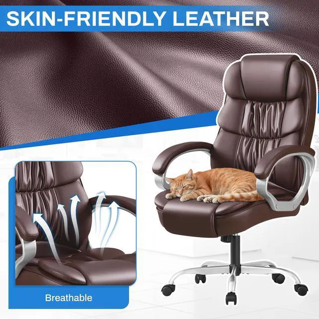 Alt view image 5 of 7 - Leather High Back Office Chair Ergonomic Executive Office Chair Swivel Computer Desk Chair Lumbar Support Soft Cushioned Padded Arms (Brown)