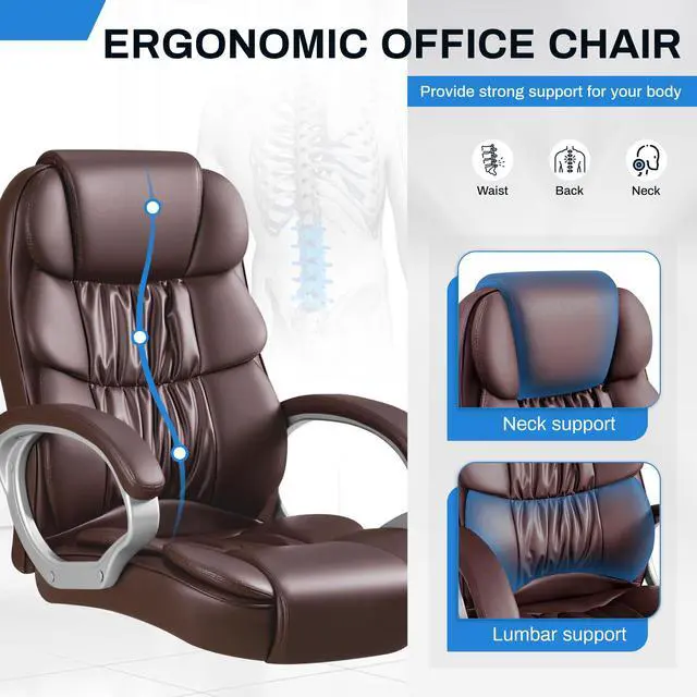 Alt view image 6 of 7 - Leather High Back Office Chair Ergonomic Executive Office Chair Swivel Computer Desk Chair Lumbar Support Soft Cushioned Padded Arms (Brown)