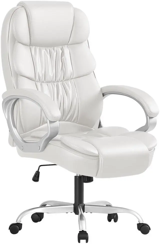 Main image of Leather High Back Office Chair Ergonomic Executive Office Chair Swivel Computer Desk Chair Lumbar Support Soft Cushioned Padded Arms (White)