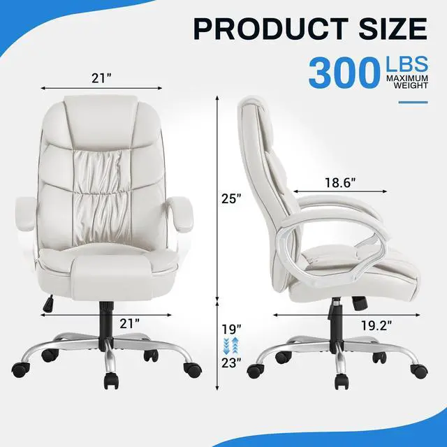 Alt view image 2 of 7 - Leather High Back Office Chair Ergonomic Executive Office Chair Swivel Computer Desk Chair Lumbar Support Soft Cushioned Padded Arms (White)