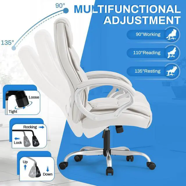 Alt view image 3 of 7 - Leather High Back Office Chair Ergonomic Executive Office Chair Swivel Computer Desk Chair Lumbar Support Soft Cushioned Padded Arms (White)
