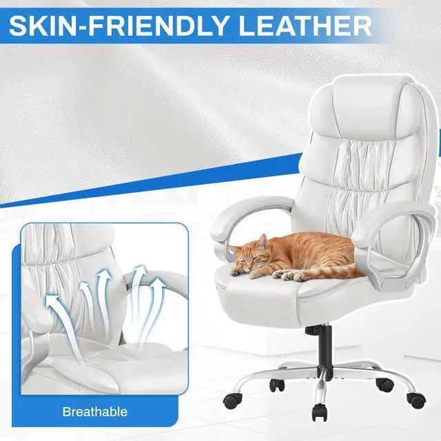 Alt view image 4 of 7 - Leather High Back Office Chair Ergonomic Executive Office Chair Swivel Computer Desk Chair Lumbar Support Soft Cushioned Padded Arms (White)