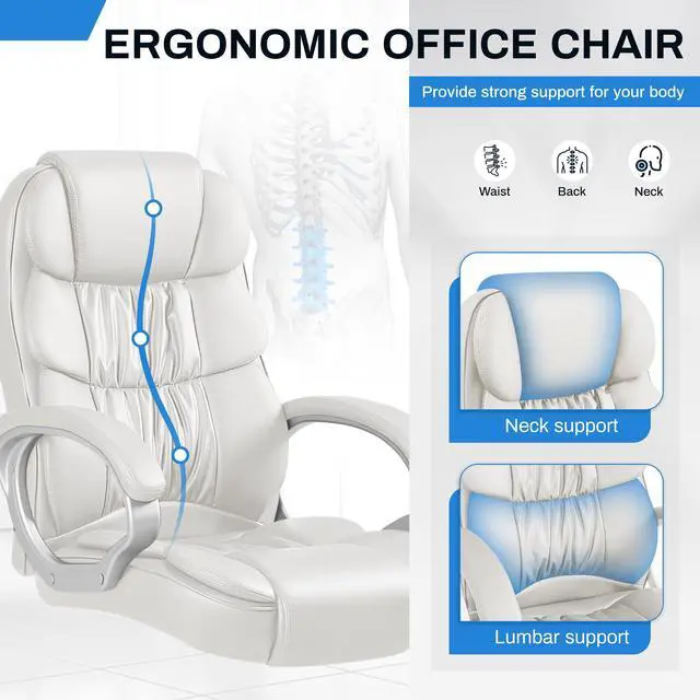 Alt view image 5 of 7 - Leather High Back Office Chair Ergonomic Executive Office Chair Swivel Computer Desk Chair Lumbar Support Soft Cushioned Padded Arms (White)