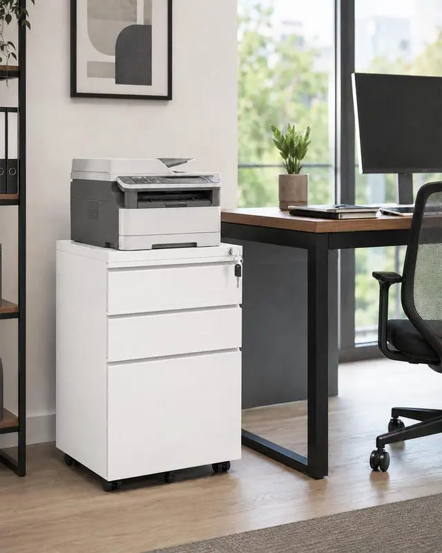 Alt view image 2 of 7 - Fully Assembled 3 Drawer Mobile File Cabinet with Lock, White | Fits Letter, Legal And A4 Files; Under Desk Metal Filing Cabinet with Wheels for Office