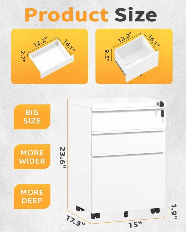 Alt view image 3 of 7 - Fully Assembled 3 Drawer Mobile File Cabinet with Lock, White | Fits Letter, Legal And A4 Files; Under Desk Metal Filing Cabinet with Wheels for Office