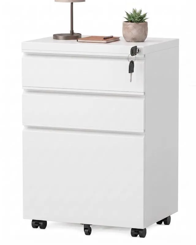 Main image of Fully Assembled 3 Drawer Mobile File Cabinet with Lock, White | Fits Letter, Legal And A4 Files; Under Desk Metal Filing Cabinet with Wheels for Office