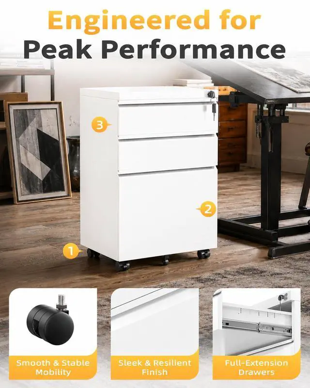 Alt view image 5 of 7 - Fully Assembled 3 Drawer Mobile File Cabinet with Lock, White | Fits Letter, Legal And A4 Files; Under Desk Metal Filing Cabinet with Wheels for Office