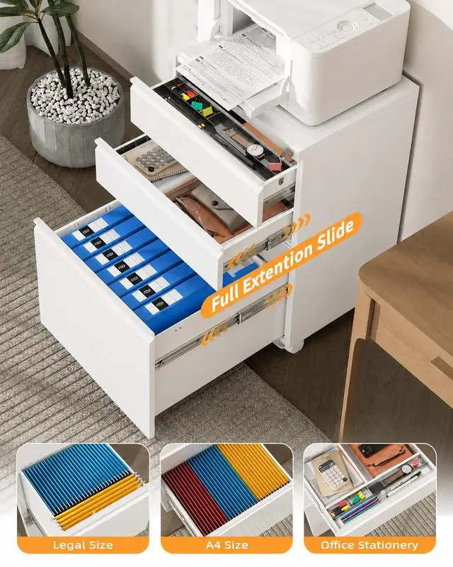 Alt view image 4 of 7 - Fully Assembled 3 Drawer Mobile File Cabinet with Lock, White | Fits Letter, Legal And A4 Files; Under Desk Metal Filing Cabinet with Wheels for Office